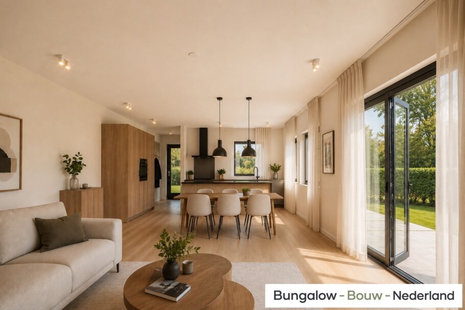 Onderhoudsarme gelijkvloerse bungalow met licht hellend dak en gestuukte gevel met houten accenten als bekleding