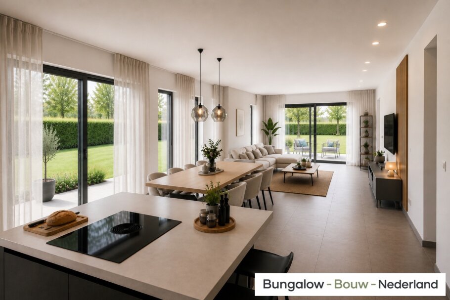 Onderhoudsarme gelijkvloerse bungalow met licht hellend dak en gestuukte gevel met houten accenten als bekleding