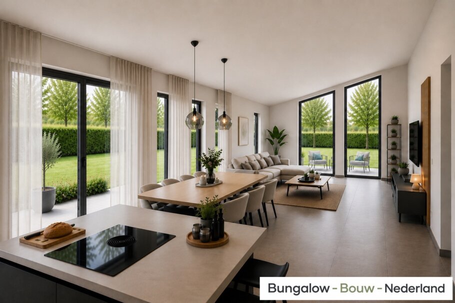 Onderhoudsarme gelijkvloerse bungalow met licht hellend dak en gestuukte gevel met houten accenten als bekleding