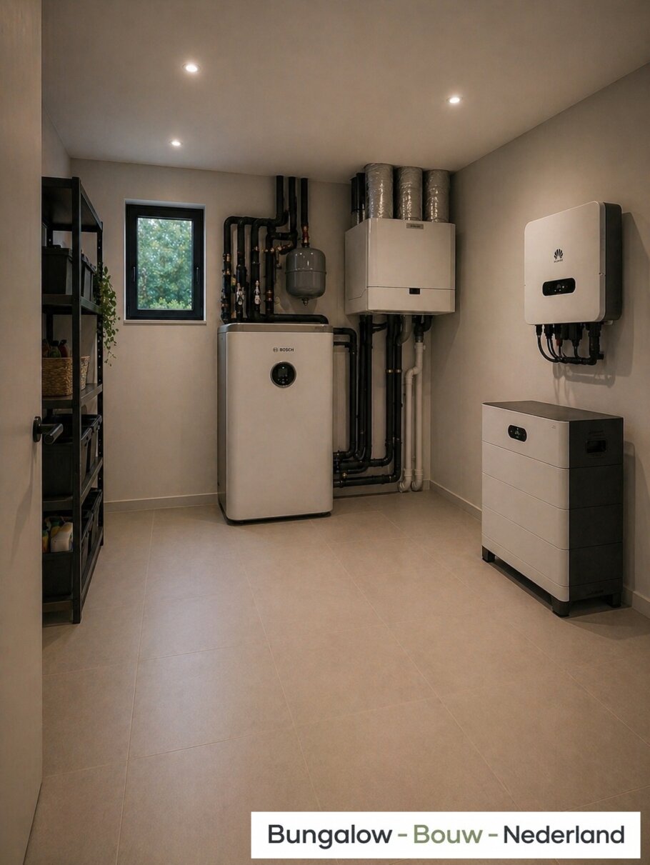 Onderhoudsarme gelijkvloerse bungalow met licht hellend dak en gestuukte gevel met houten accenten als bekleding