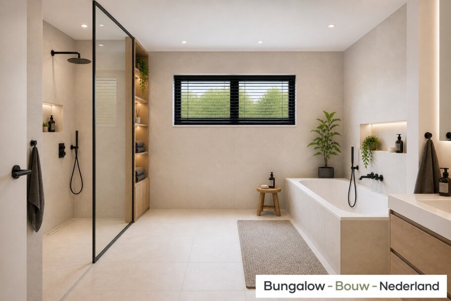 Onderhoudsarme gelijkvloerse bungalow met licht hellend dak en gestuukte gevel met houten accenten als bekleding