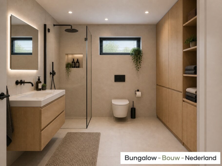 Onderhoudsarme gelijkvloerse bungalow met licht hellend dak en gestuukte gevel met houten accenten als bekleding