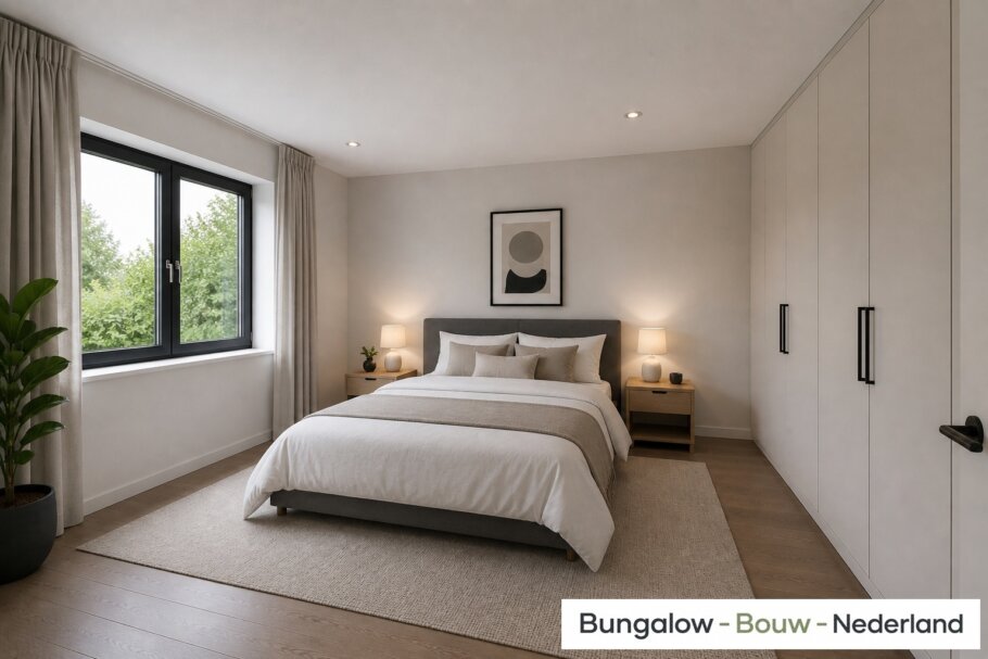 Onderhoudsarme gelijkvloerse bungalow met licht hellend dak en gestuukte gevel met houten accenten als bekleding