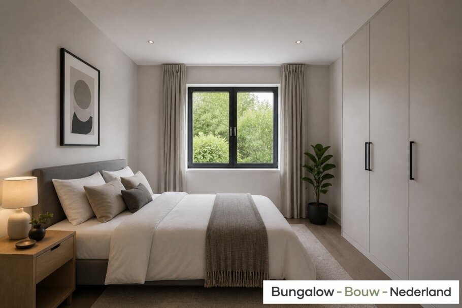 Onderhoudsarme gelijkvloerse bungalow met licht hellend dak en gestuukte gevel met houten accenten als bekleding