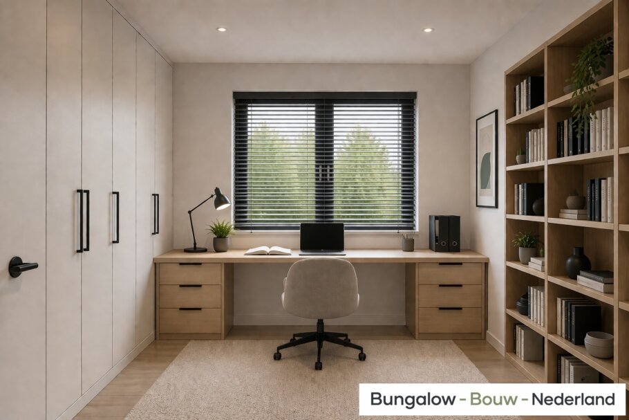 Onderhoudsarme gelijkvloerse bungalow met licht hellend dak en gestuukte gevel met houten accenten als bekleding