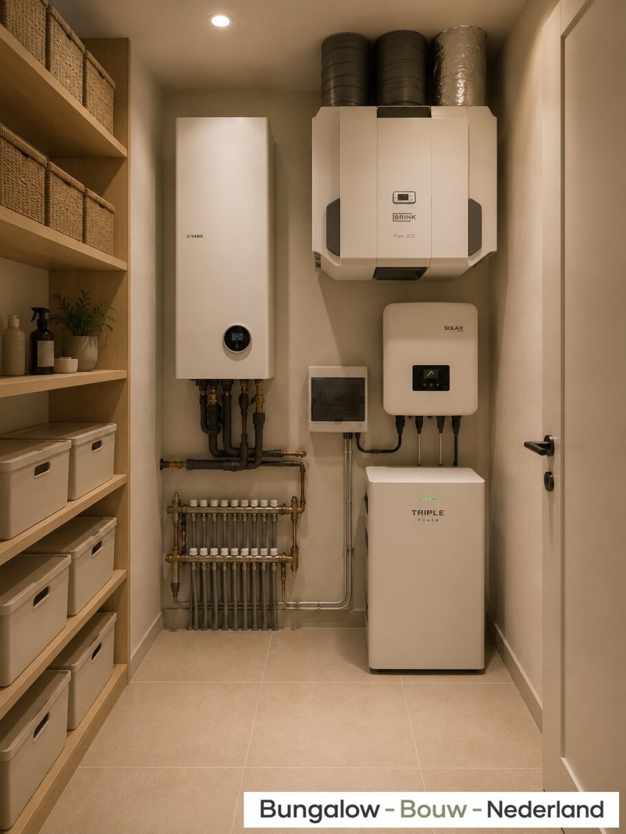 Modern interieur van bungalow L-60 met luxe woonkamer, leefkeuken, badkamer en slaapkamer