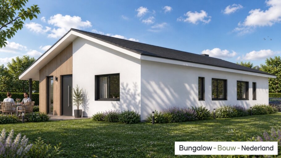 Moderne levensloopbestendige bungalow LK-136 met strakke architectuur, grote raampartijen en energiezuinige staalframebouw uitvoering