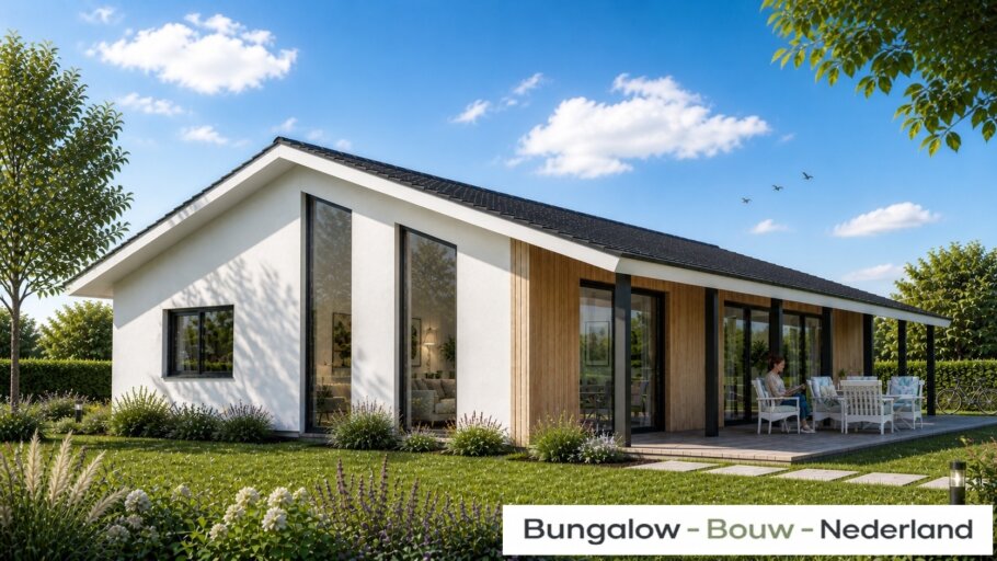 Moderne levensloopbestendige bungalow LK-136 met strakke architectuur, grote raampartijen en energiezuinige staalframebouw uitvoering
