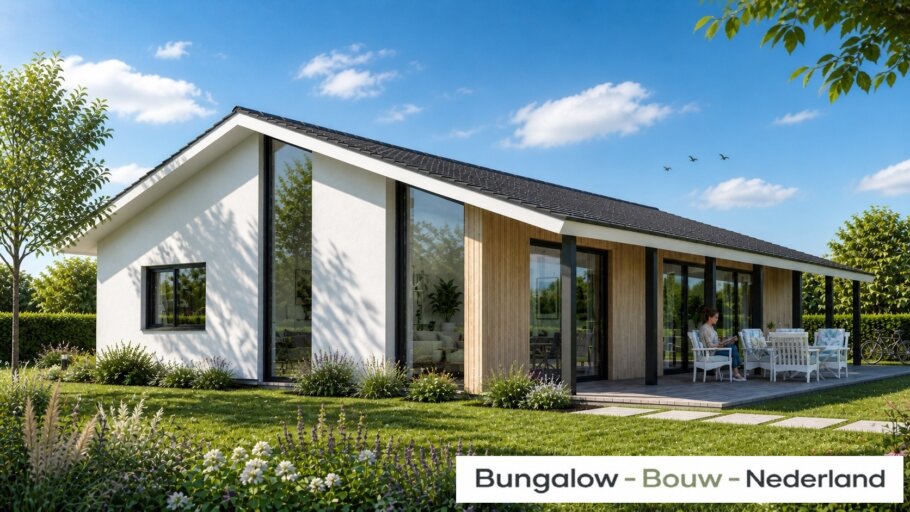 Moderne levensloopbestendige bungalow LK-136 met strakke architectuur, grote raampartijen en energiezuinige staalframebouw uitvoering