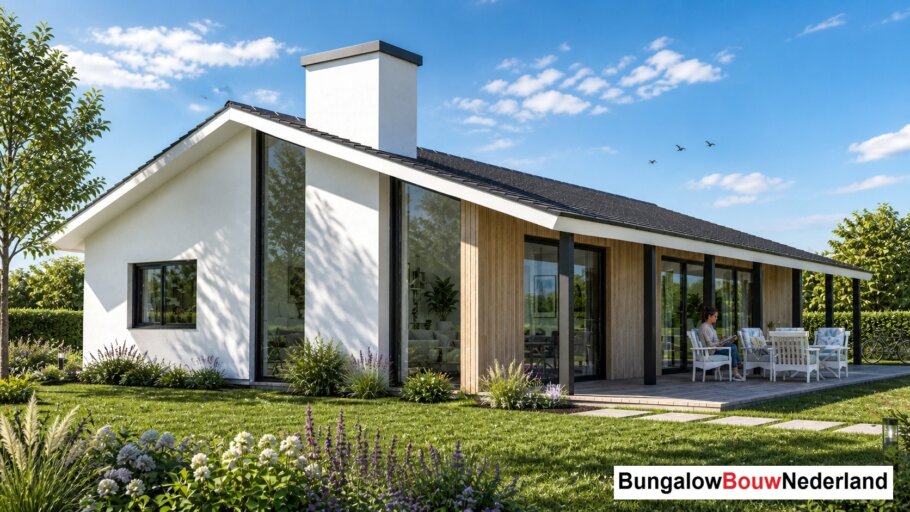 Moderne levensloopbestendige bungalow LK-136 met strakke architectuur, grote raampartijen en energiezuinige staalframebouw uitvoering