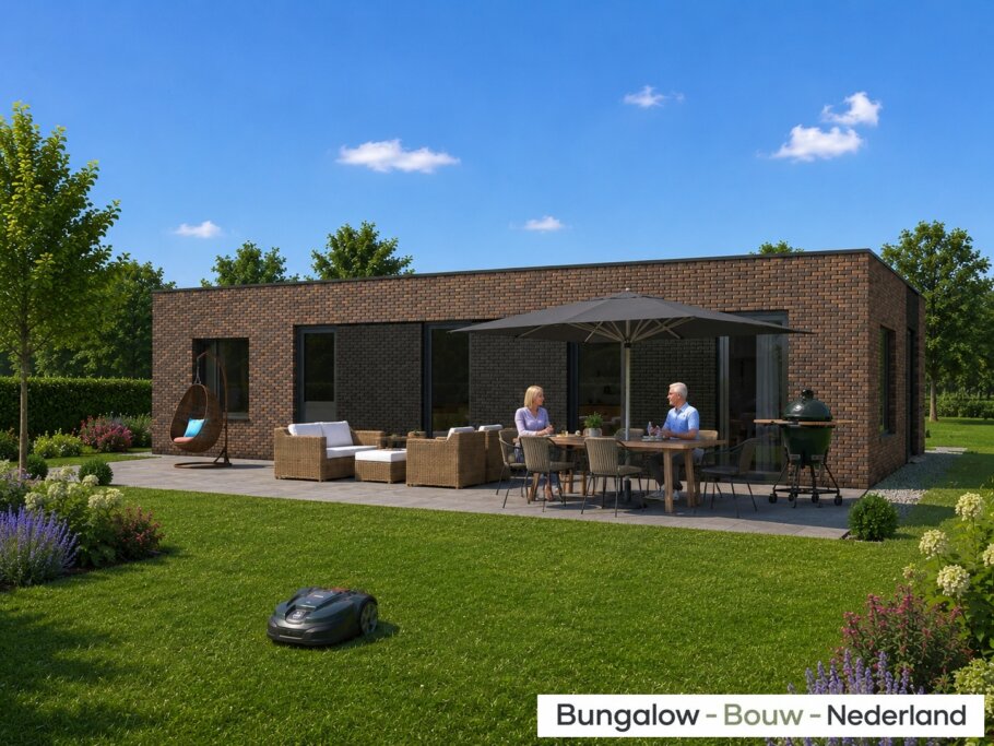 Moderne gelijkvloerse bungalow van 118 m2 met plat dak L-180 met grote glaspartijen en levensloopbestendige indeling