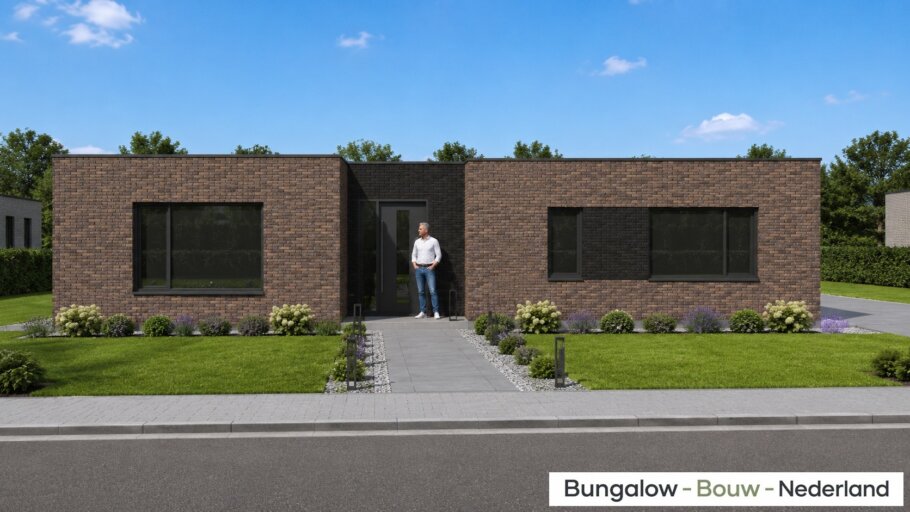 Moderne gelijkvloerse bungalow van 118 m2 met plat dak L-180 met grote glaspartijen en levensloopbestendige indeling