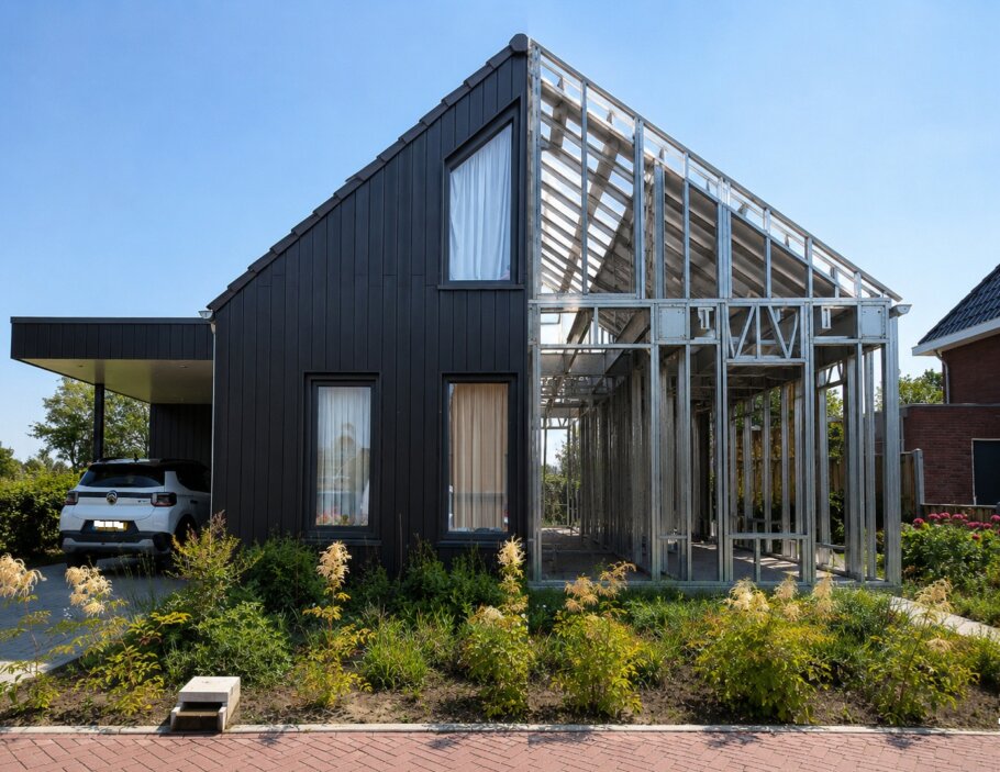 Moderne woning in staalframebouw waarbij de prefab staalconstructie vloeiend overgaat in de gerealiseerde luxe woning met moderne architectuur