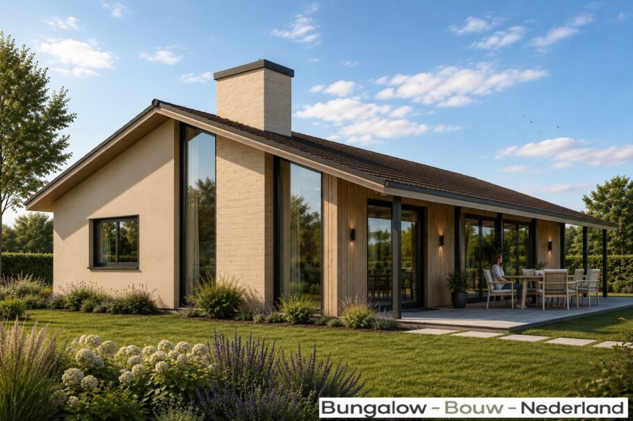 Moderne levensloopbestendige bungalow LK-136 met strakke architectuur, grote raampartijen en energiezuinige staalframebouw uitvoering
