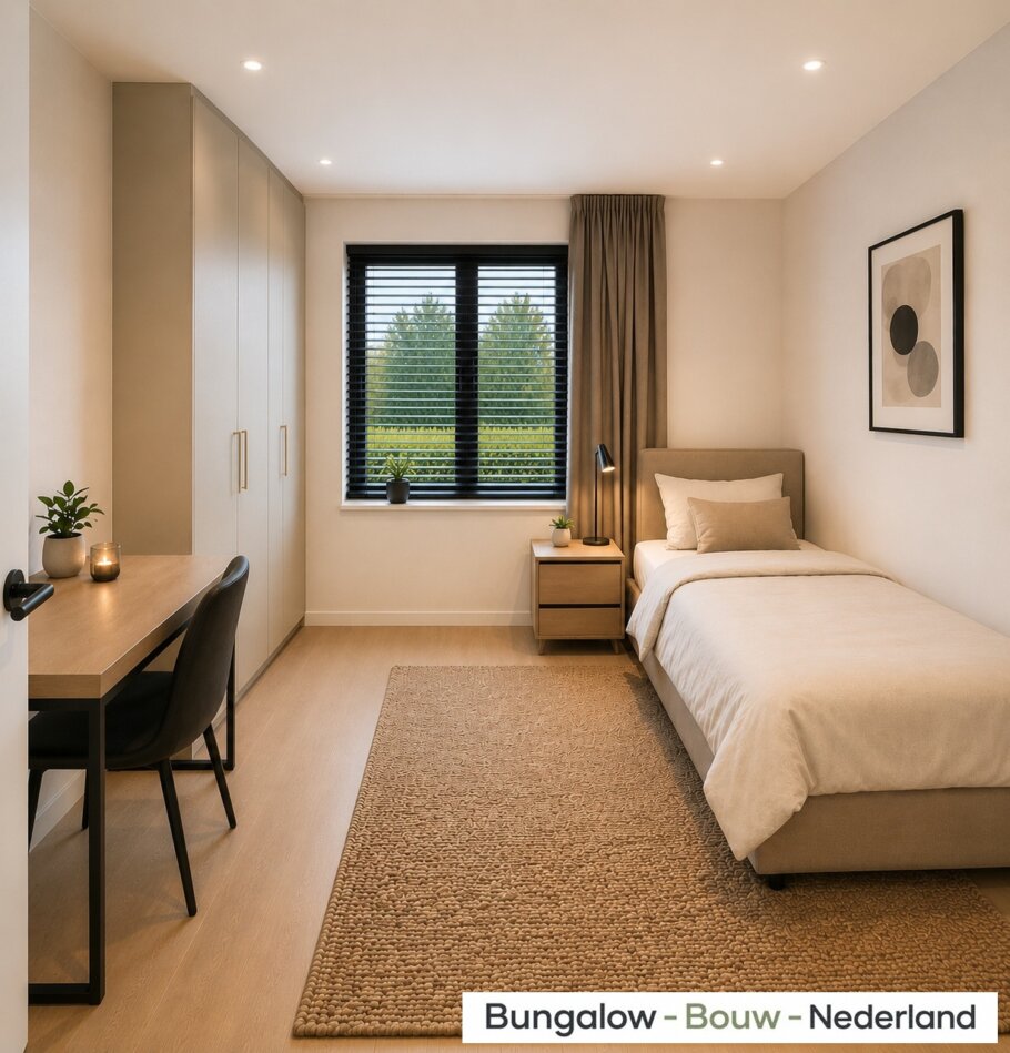 Modern interieur van bungalow L-60 met luxe woonkamer, leefkeuken, badkamer en slaapkamer