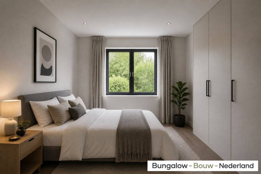 Modern interieur van bungalow L-60 met luxe woonkamer, leefkeuken, badkamer en slaapkamer
