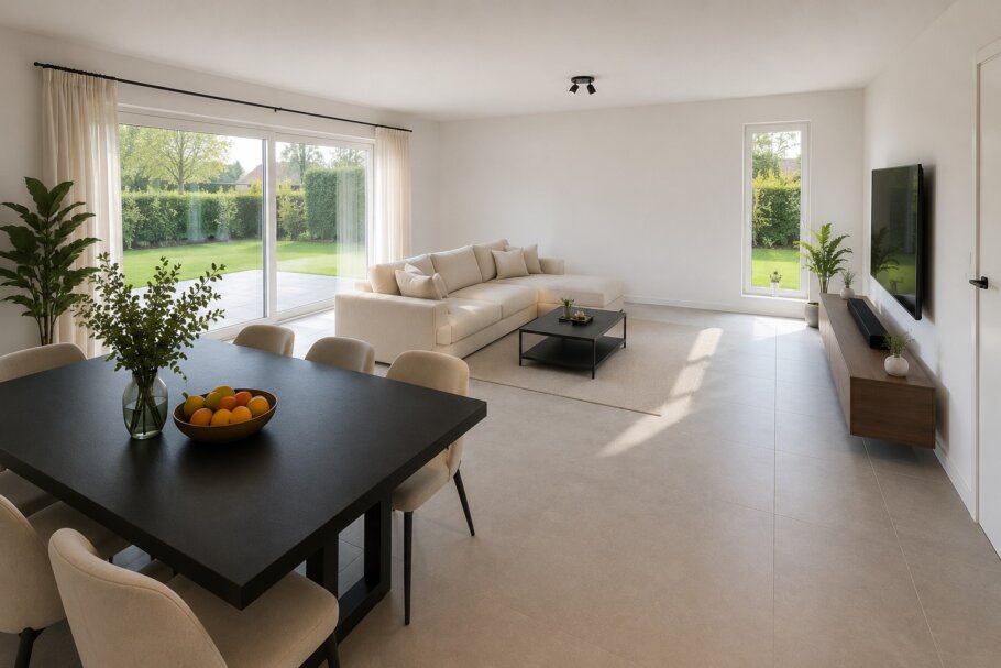 Modern interieur van een gelijkvloerse bungalow met leefkeuken en grote raampartijen