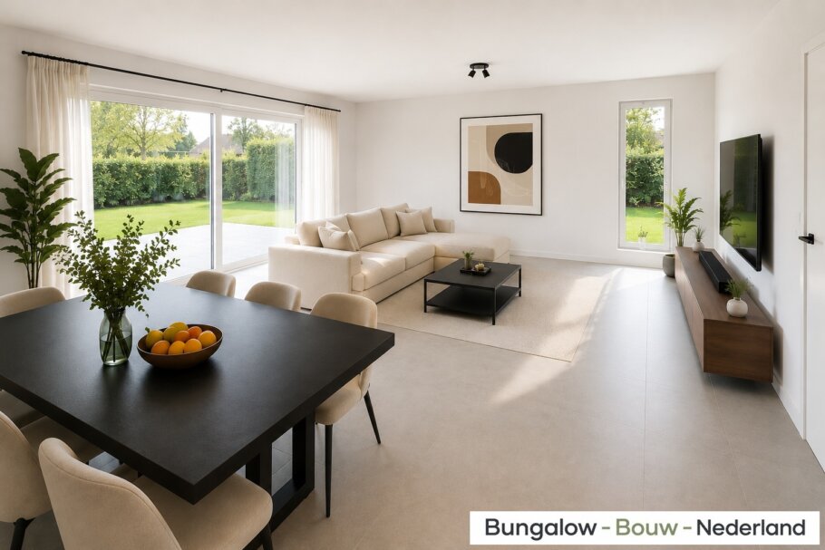 Modern interieur van bungalow L-60 met luxe woonkamer, leefkeuken, badkamer en slaapkamer