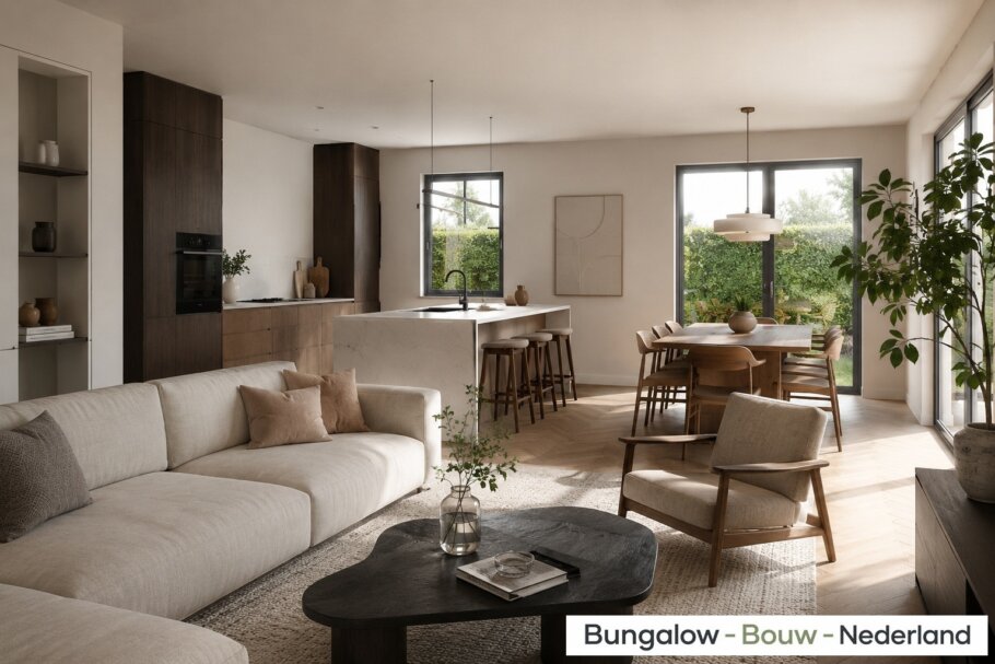 Modern interieur van bungalow L-60 met luxe woonkamer, leefkeuken, badkamer en slaapkamer