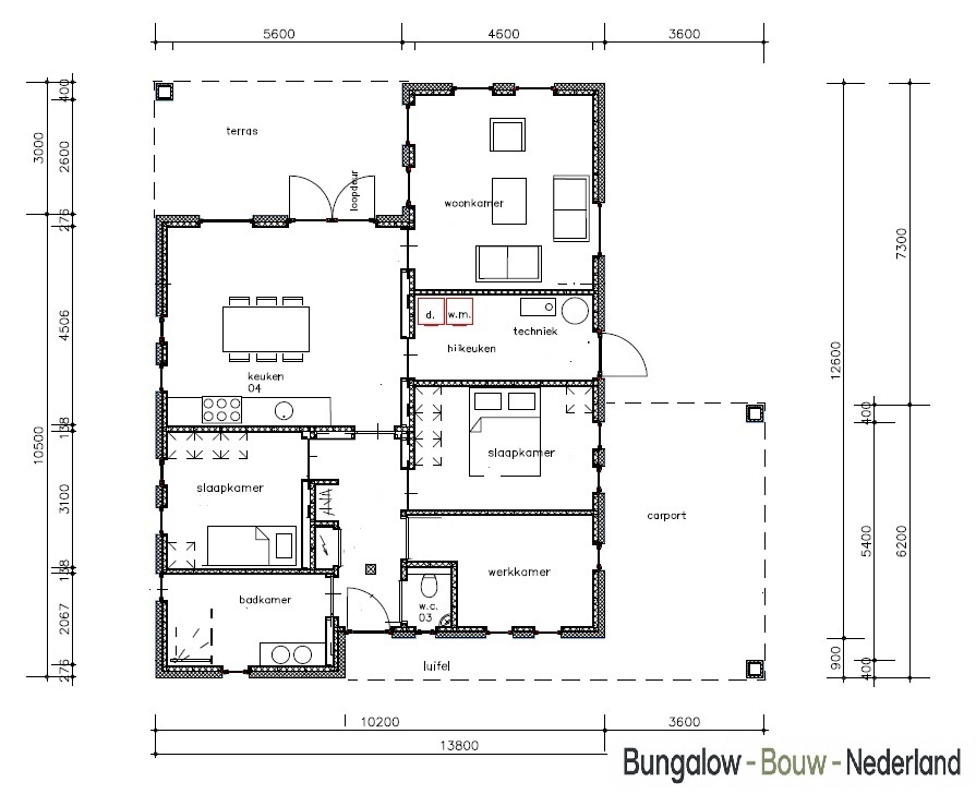 Moderne gelijkvloerse bungalow L-166 met carport en overdekt terras