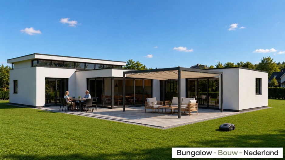 Bungalowbouw-Nederland B155 gelijksvloers modern hoog plafond veel glas energieneutraal