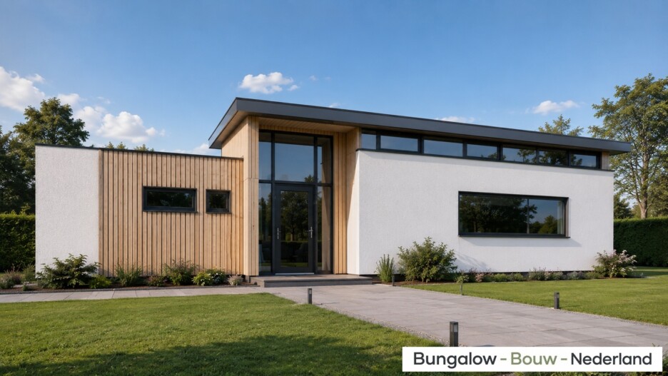 Bungalowbouw-Nederland B155 gelijksvloers modern hoog plafond veel glas energieneutraal