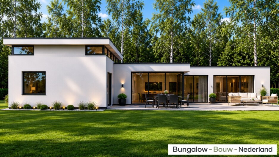 Bungalowbouw-Nederland B155 gelijksvloers modern hoog plafond veel glas energieneutraal