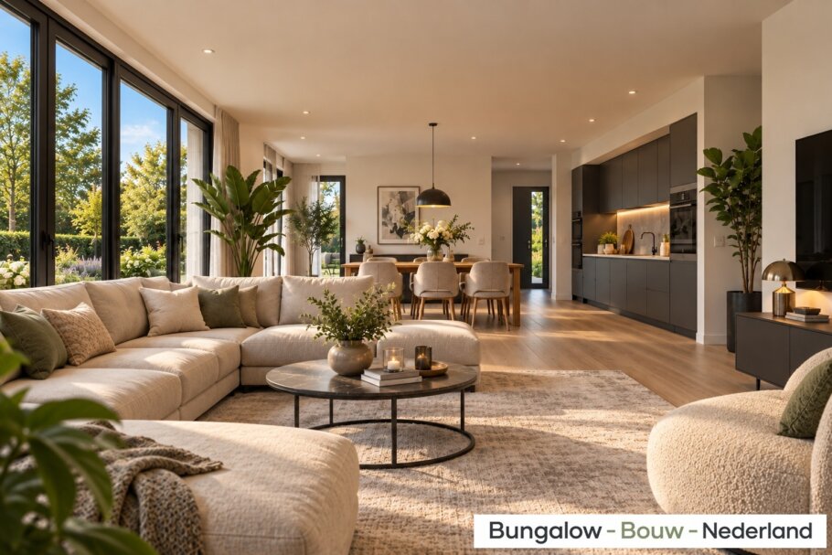 Modern interieur bungalow L-145 met royale woonkamer en leefkeuken