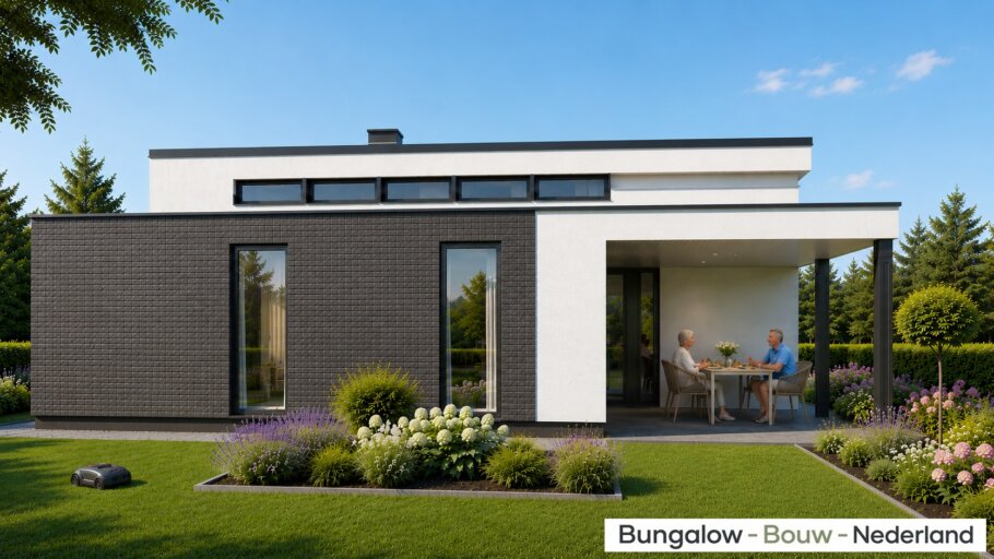 Moderne gelijkvloerse bungalow L-100-v1 met verhoogde woonkamer en overdekt terras