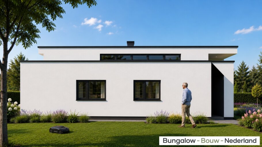 Moderne gelijkvloerse bungalow L-100-v1 met verhoogde woonkamer en overdekt terras