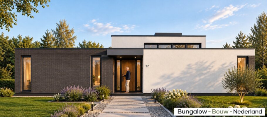 Moderne gelijkvloerse bungalow L-100-v1 met verhoogde woonkamer en overdekt terras