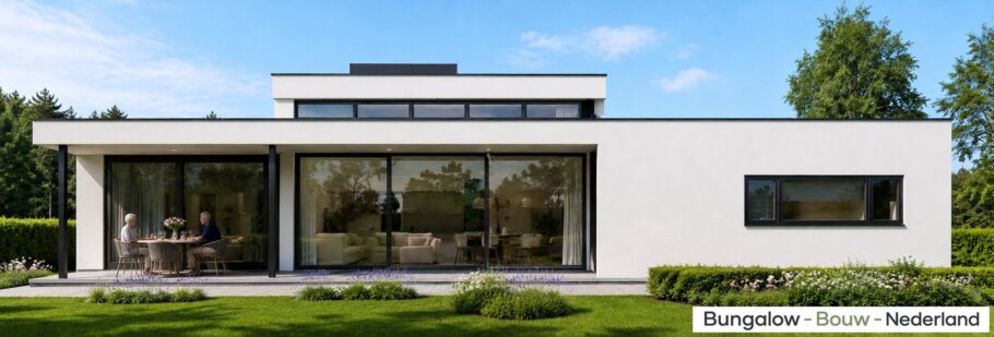 Moderne gelijkvloerse bungalow L-100-v1 met verhoogde woonkamer en overdekt terras
