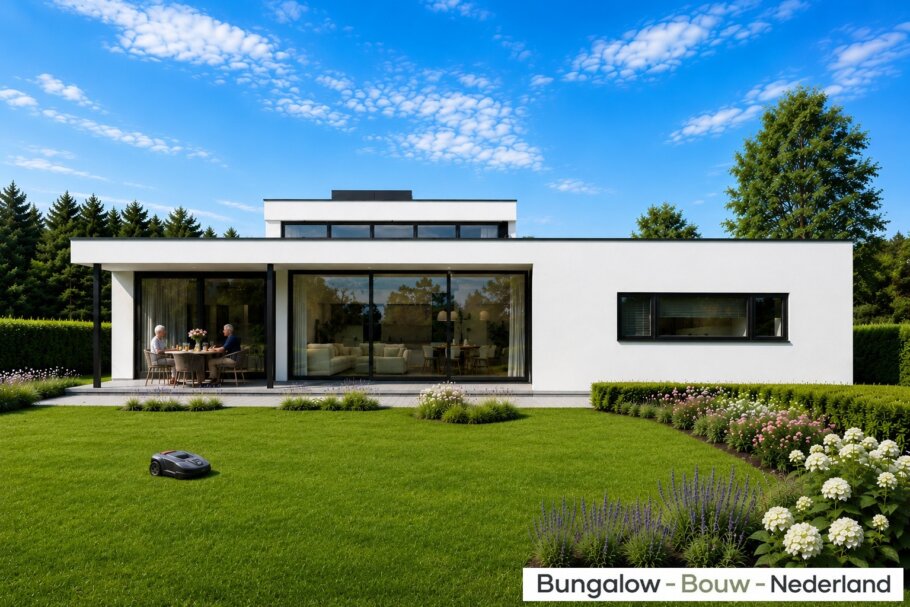 Moderne gelijkvloerse bungalow L-100-v1 met verhoogde woonkamer en overdekt terras