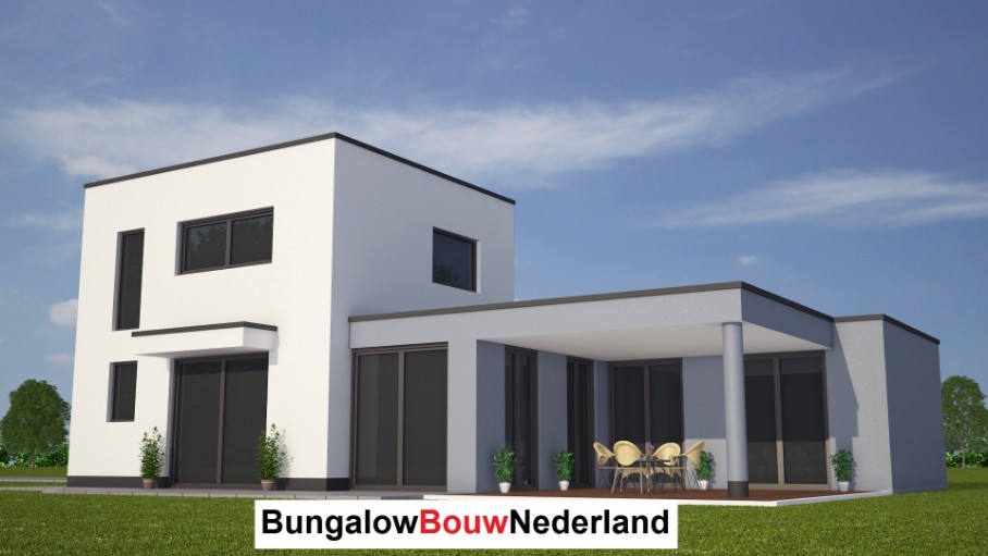 moderne kubistische Semi-bungalow met plat dak kleine gastenverdieping H83