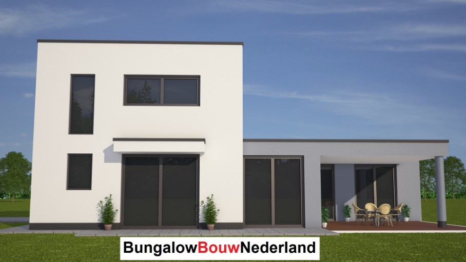 moderne kubistische Semi-bungalow met plat dak kleine gastenverdieping H83 moderne kubistische Semi-bungalow met plat dak kleine gastenverdieping H83