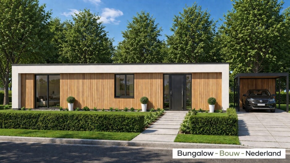 Moderne gelijkvloerse bungalow met houten gevelbekleding, grote glaspartijen en overdekt terras