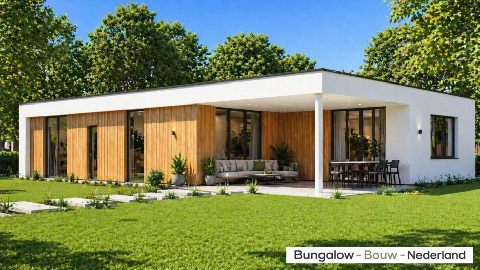 Moderne gelijkvloerse bungalow met houten gevelbekleding, grote glaspartijen en overdekt terras