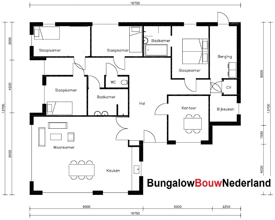 patiobungalow met veel glas en overkapping ontwerp  plattegrond indeling L19