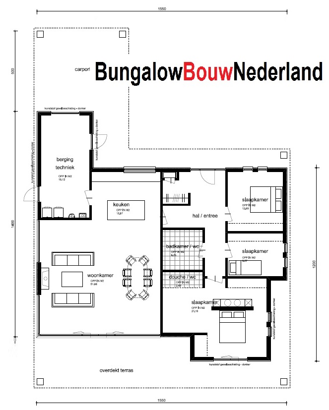 bugalow bouwen met plat dak en groot overdekt terras  ontwerp L82 bouwkosten en prijs prijzen