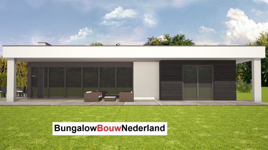 bugalow bouwen met plat dak en groot overdekt terras  ontwerp L82 bouwkosten en prijs prijzen