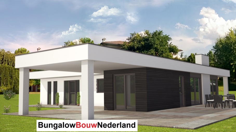 bugalow bouwen met plat dak en groot overdekt terras  ontwerp L82 bouwkosten en prijs prijzen