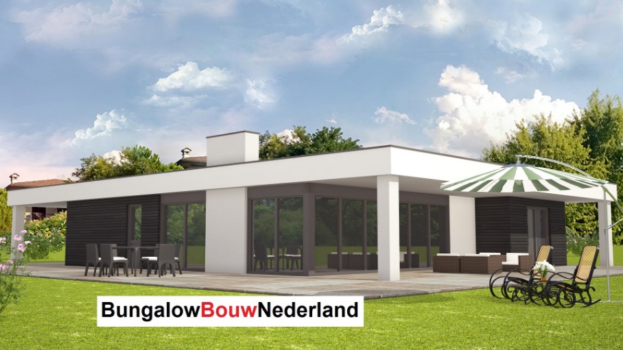 bugalow bouwen met plat dak en groot overdekt terras  ontwerp L82 bouwkosten en prijs prijzen