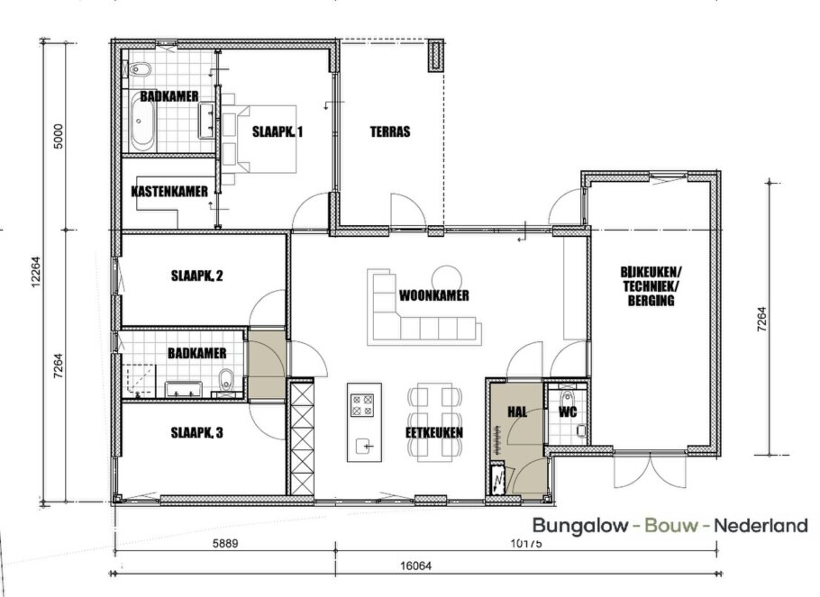 Plattegrond en indeling moderne gelijkvloerse bungalow L-191