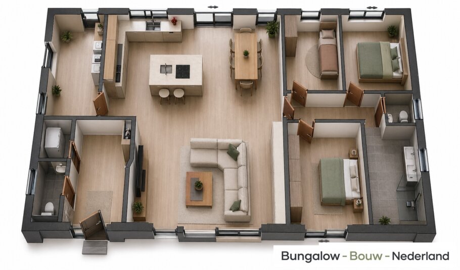 bekijk de plattegrond en indelingen L-198 moderne gelijkvloerse bungalow met plat dak