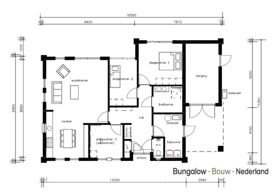 plattegrond en indeling van gelijkvloerse bungalow met plat dak 150 m2