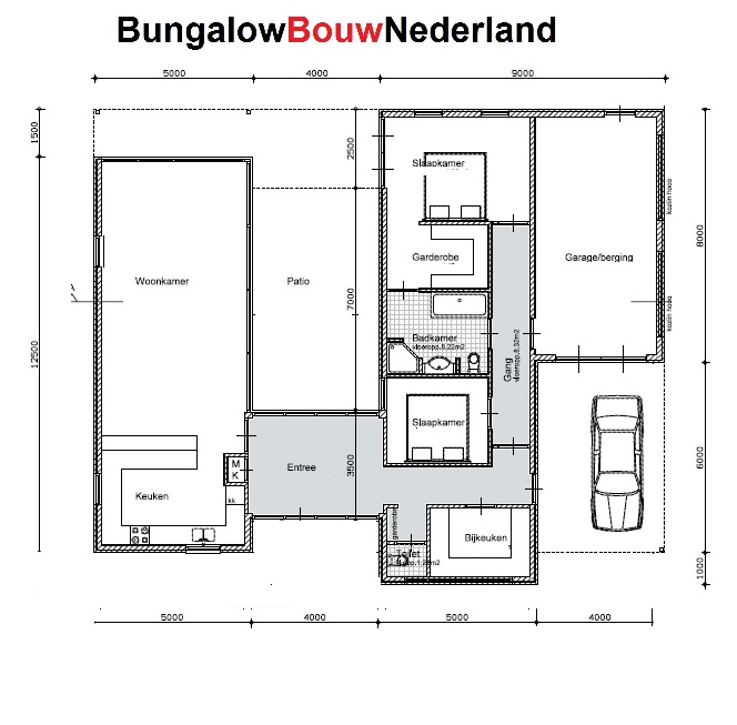 plattegrond en indeling patiobungalow met veel glas ramen en kozijnen L17