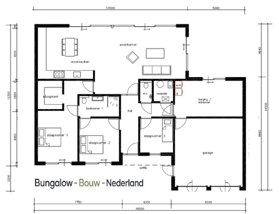 plattegrond en indeling bungalow L-169 met plat dak en garage | BungalowBouwNederland