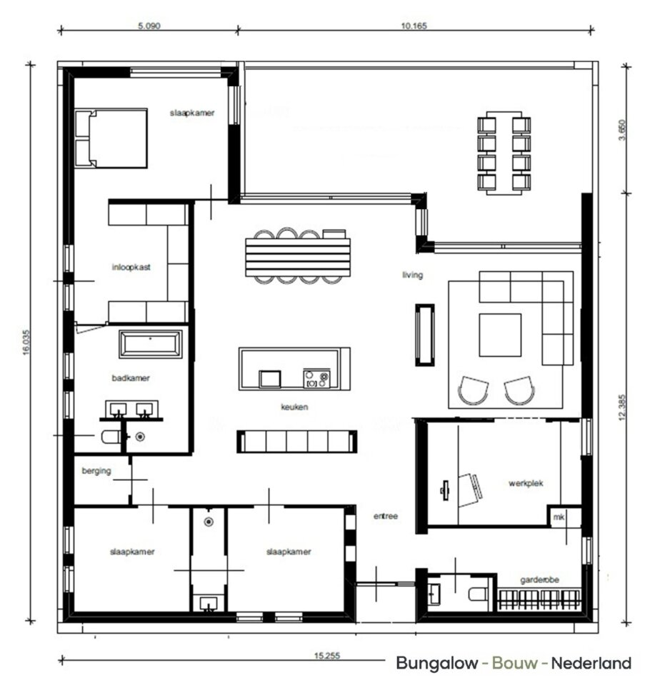 ontdek de plattegrond en indeling Royale moderne bungalow L-42 met plat dak – ruim 200 m²