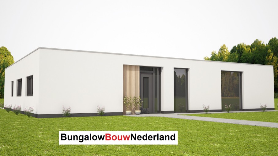 plattegrond moderne bungalow met overdekt terras en plat dak bouwen ontwerp L81