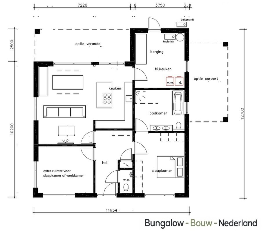 plattegrond en voorbeeld indelingen van ontwerp L184 gelijkvloerse woning met plat dak